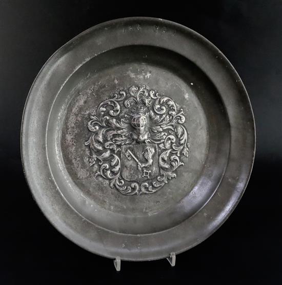 An 18th century Austro-German pewter dish, diameter 14in.